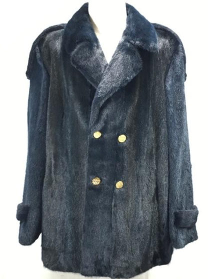Sharp GQ Navy Blue Genuine Men's Mink Pea Coat | Fur Liquidation